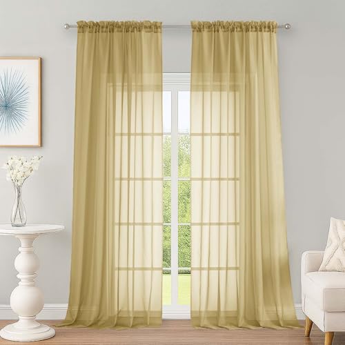 Image of OWENIE Extra Long Gold Sheer Curtains 96 Inches Long 2 Panels Set, Soft Lightweight Airy Voile Sheer Curtain for Bedroom Living Room, Rod Pocket Solid Color Farmhouse Curtains, 59 inch Wx96 L Inch