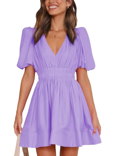 Image of Outfeel Women 2025 Summer Mini Dress Puff Short Sleeve Sexy V Neck A Line Elastic High Waist Flowy Swing Dresses