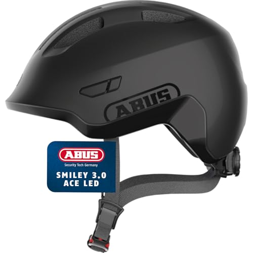 ABUS Kinderhelm Smiley 3.0 ACE LED - Fahrradhelm mit Licht - Tiefe Passform und Platz für einen Zopf - für Mädchen und Jungs - Schwarz, Größe M (50-55 cm​)