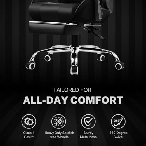 كرسي العاب مريح #1USA من جي تي بلاير مع وسادة تدليك USB ومسند للقدمين ومساند للذراعين - كرسي مكتب العاب الفيديو من جلد البولي يوريثين مع دعم قطني قابل للتعديل ومسند راس (GCC، اسود)