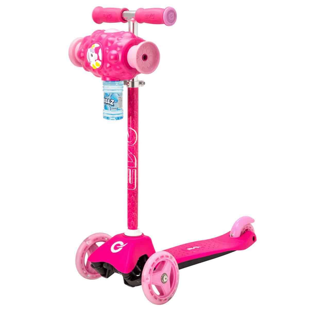 EVO Patinete ajustable con tres ruedas para niños, Bubblz Mini Cruiser rosa con pompas de jabón