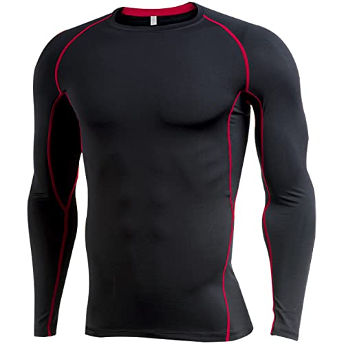Saklifuo Haut de compression à manches longues pour homme - T-shirt respirant pour le ski, la course, l'entraînement, la randonnée, l'athlétisme, Noir avec ligne rouge, M Cover