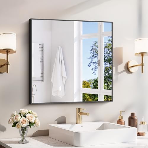 YIROMAN Bathroom Mirror 24x24 Matte Black Bathroom Mirror for Over Sink with Aluminum Frame Square Vanity Mirror with Right Angle Wall Mirror Hangs Horizontal or Vertical