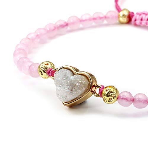 Top Plaza Womens Girls 4mm Rose Quartz Beads Chakra Healing Crystal Bracelet Gold Lava Rock Stone Adjustable Bracelets with Heart Shape Druzy Charm - Image 4