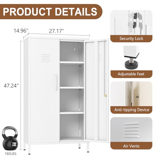 Image of pozdeg 47.24 inch White Lockable Small Metal Storage Locker | Employees Locker with 2 Doors & 2 Adjustable Shelves, Steel File Cabinet for Employees, Home, School, Office & Gym