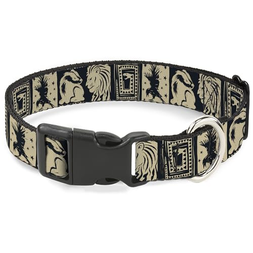 The Wizarding World of Harry Potter Pet Collar, Dog Collar Plastic Buckle, Harry Potter Hogwarts House Patch Blocks Tan Black, 20 to 31 Inches 1.5 Inch Wide