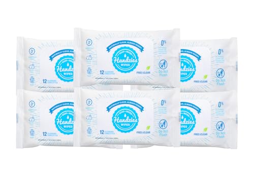 Handzies Natural Soap and Water Cleansing Towelettes- Free&Clear- 12ct Travel Pack- Bundle of 6 (72 total towelettes)