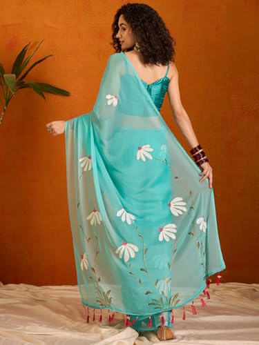 Image of SAREE MALL Women's Chiffon Daisy Floral hand paint Tassel Pallu Lightweight Summer Saree