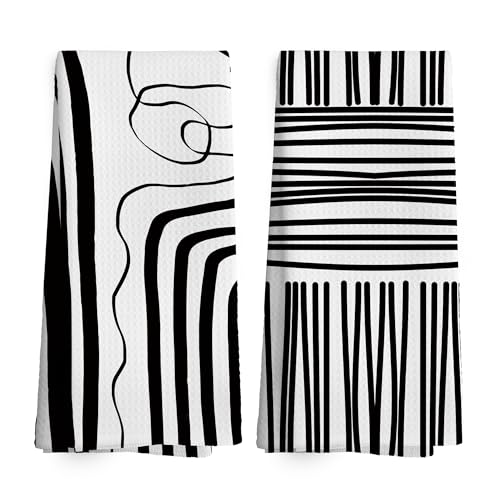 Taedin 095 Black Abstract Art Line Kitchen Towels Dish Towel 16X24 Inches, Mid Century Modern Black Minimalist Neutral Home Decorative Absorbent Dishcloths Tea Towels Set Of 2 cover