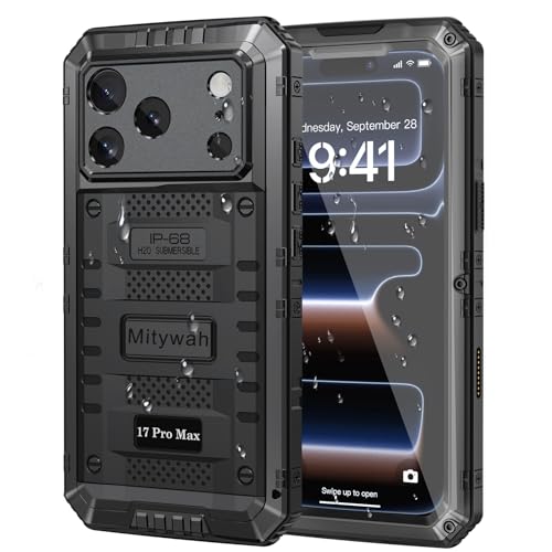 Mitywah Waterproof Case for iPhone 17 Pro Max, Heavy Duty Metal Case, Shockproof Military Grade Case with Built-in Screen Protector, Full Body Rugged Protective Case 6.9" Black by Mitywah - Used condition - CA$29.94