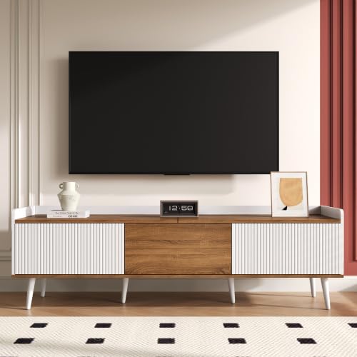 Merax 160cm TV Unit, White and Natural Wood TV Stand Cabinet with 3 Doors, Stylish TV Table with Raised Edge, Sturdy Wooden Legs