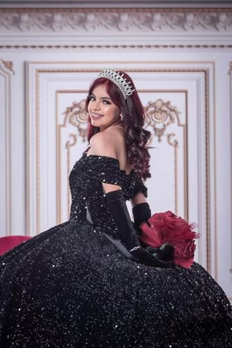 Mouccy Glitter Sequin Quinceanera Dresses Puffy Off Shoulder Ball Gowns with Bow Pleated Sweet 15 16 Dresses for Teens Long2