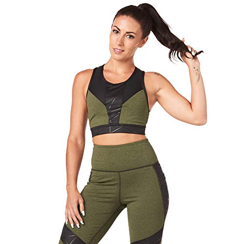 Strong iD Active Wear Women's Workout Gym High Neck Sports Bra with Mesh Inserts, Olive Green, XS