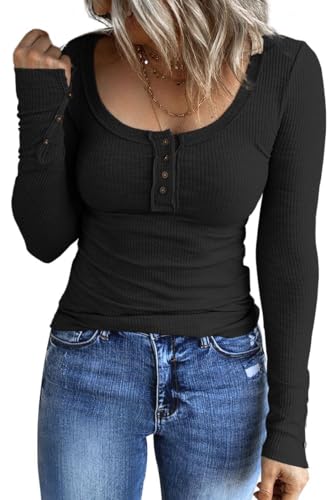 Shen&Qege Damen-Langarmhemden lässig Herbst Henley-Oberteil Button-Down-Blusen Basic-T-Shirts aus Rippstrick