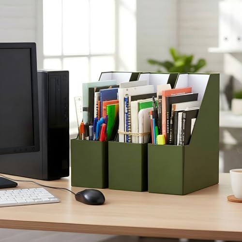 Gueevin Set of 6 Magazine File Holder Stylish Sturdy Cardboard File Boxes Desk Magazine Organizer Rack with Gold Label Holder to Organize Your Desk or Shelves for Home Classroom Office Library(Green) - Image 6