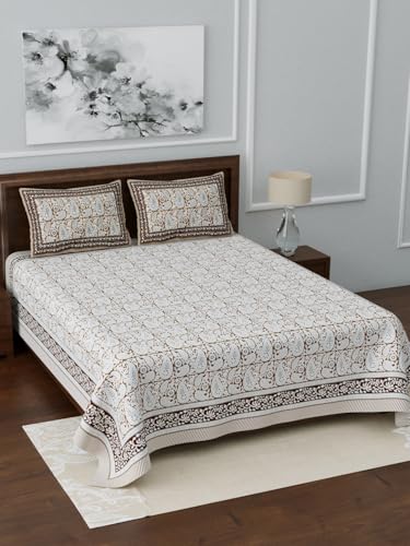 Image of Living Roots Ethnic Rajasthani /Jaipuri /Sanganeri Block Print 100% Cotton Super King Size 100 * 108 Bedsheet with 2 Pillow Covers (53B)