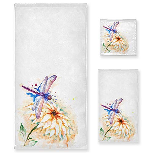 Naanle Schönes 3-teiliges Handtuch-Set, Libellen-Lilien-Blume, weich, luxuriös, dekorativ, 1 Badetuch, Handtuch + Waschlappen, vielseitig verwendbar für Badezimmer, Hotel, Fitnessstudio, Spa und Küche