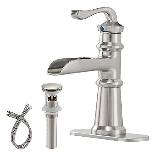 Greenspring Brushed Nickel Bathroom Faucet Waterfall Single Hole Single Handle for Sink Lavatory Commercial Bath Faucets with Pop Up Drain with Overflow Deck Mount Brass Basin Supply Line Lead-Free