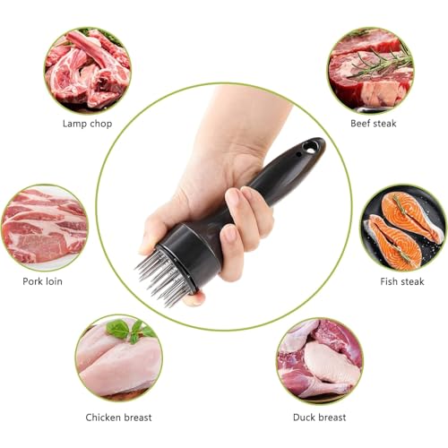 Image of Meat Tenderizer Tool, Stainless Steel Needle Ultra Sharp 24 Blades, Better Tool for Tenderizing Beef Chicken Steak Veal Pork Poultry BBQ & Marinade Than Hammer Mallet (Black)