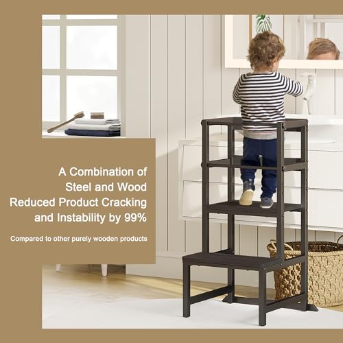 Image of INNOD Kitchen Step Stool for Toddlers, Height Adjustable Toddler Tower with Safety Rail, Steel and Wood Toddler Kitchen Stool Helper Kids, Stool for Kids, Learning Tower, Kids' Desk Black