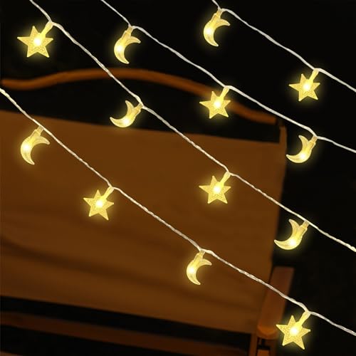 Jsdoin Star Moon Christmas Light 32 ft/10M 80LED Curtain Light, with 8-Mode Control Waterproof Battery Box/USB Cable 1.5M Power Supply, Wedding, Decoration Light，Ramadan Lights Decorations - Image 4
