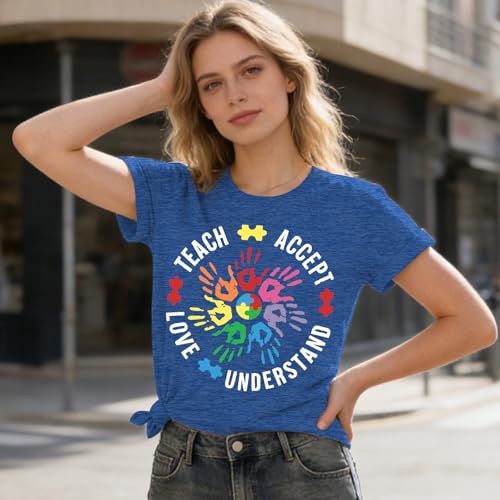 Image of Autism Teach Shirts Women Autism Awareness T Shirt Autism Support Tee Tops Autism Teacher Short Sleeve Shirt