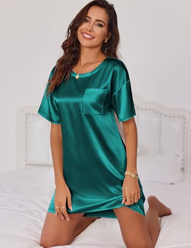 Image of Ekouaer Silky Satin Sleep Shirts for Women Nightshirt Tshirt Night Gowns | Short Sleeve Pajama Dress Round Neck Shirt Dress With Chest Pocket Cooling Nightgowns Lightweight Sleepwear