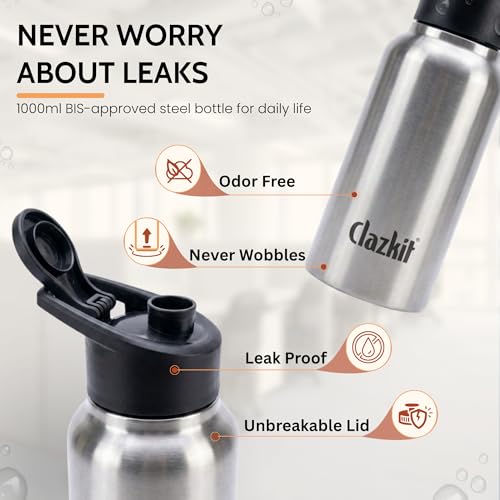 Image of Clazkit Sporty Stainless Steel Water Bottle 500ml Set of 2 |ISI Certified| Leakproof, Rust-Free, BPA-Free, Durable for College, Fridge, Sports, Gym, Yoga & Office
