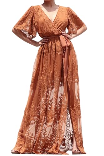 Image of LRISES Women V Neck Floral Embroidered Lace Maxi Dress Short Sleeve Waist Tied Boho Wedding Guest Maternity Party Dresses Orange