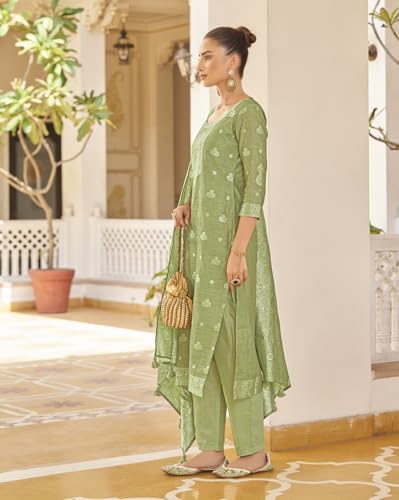 Image of Shaily Premium Silk Blend Woven Design Readymade Kurta with Pants and Dupatta Set | Ethnic Set | 3-Piece Suit Set | Haldi and Wedding Suit Set for Women