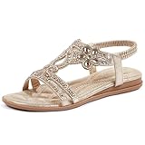 iCKER Women Rhinestone Sandals T-Strap Buckle Bohemian Pearl Crystal Flat Sandals-Gold 01-8