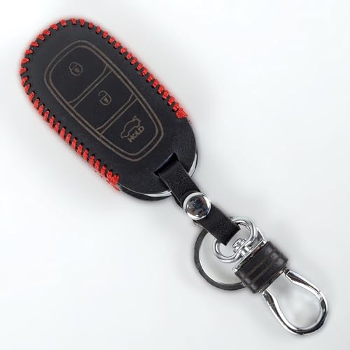 Image of Leather Smart Car Key Cover Case for Hyundai Verna Kona Electric (Black)