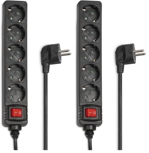 Hama Ciabatta elettrica a 5 prese (presa multipla 1,4 m, con interruttore, maggiore protezione da contatto, slot ruotati di 45 gradi, spina certificata GS), colore nero (Confezione da 2)