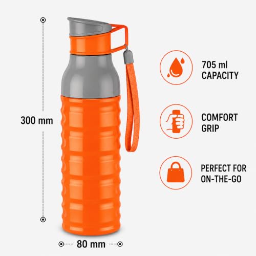 Image of CELLO Puro Steel-X Delta 900 PU Insulated Water Bottle for Office 705 ml Orange | Wide Mouth Easy to Carry with Strap Leak Proof Flip Top Lid Inner Steel Water Bottle for School Kids, College & Travel