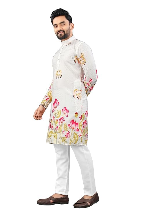Image of Men's Cream Ethnic Kurta with Lotus Floral & Animal Print - Mandarin Collar, Full Sleeves, Festive & Casual Wear
