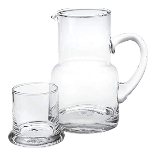 Badash Long Island Crystal Pitcher Set - 2-Piece 24 oz. Mouth-Blown Lead-Free Crystal Glass Carafe with 6 oz. Glass Set - Perfect Bedside or Desktop Water Pitcher