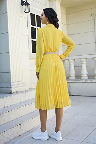 Image of Business Casual Shirt Dress for Women Long Sleeves Pleated Midi Dresses with Belt