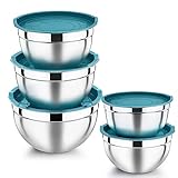 Homikit Stainless Steel Mixing Bowls with Airtight Lids, 5 Piece Nesting Salad Bowls for Space-Saving Storage, Metal Serving Bowl for Kitchen Baking/Cooking/Prepping, Size 14/16/18/22/26cm