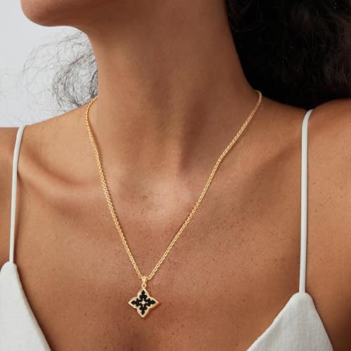 Fettero Gold Necklace for Women Dainty 14K Gold Plated Clover Necklace Colorful Lucky Pendant Charm Necklaces for Women Statement Jewelry - Black Onyx — view 2