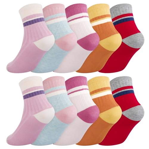 scenicamp Girls Socks Kids Crew Socks 5 Pairs, Breathable Cotton Boys Athletic Sock with Retro Stripes 9-12 Years