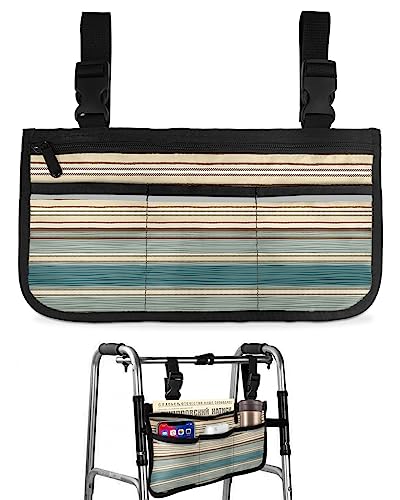 Striped Boho Wheelchair Side Bag Walker Bag, Teal Colorful Geometric Stripes Wheelchair Accessories Armrest Pouch, Organizer Storage Bag for Walkers, Rollators, Scooters, 7.3''x13''