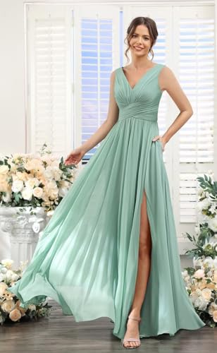 YOFF Women's Double V-Neck Bridesmaid Drsses with Slit Long Pleated Chiffon Evening Party Gowns YO0773
