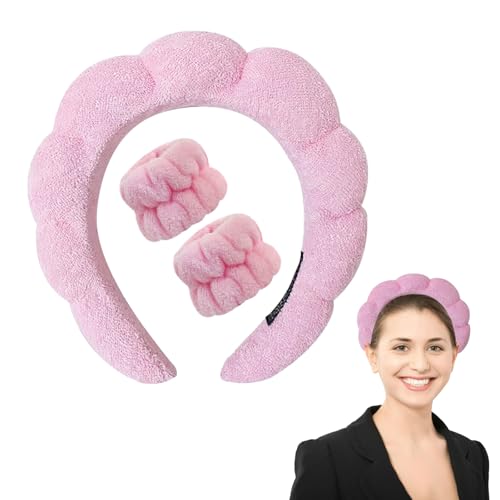 LINGJIA Diadema Skincare, Bandas de Pelo Cosméticos, Bandas de Pelo Rizo, Cuidado de la Piel Lavado de Cara Bandas de Pelo Diademas, Pulseras de Lavado Cara, Maquillaje Toallas Muñeca (Rosa)
