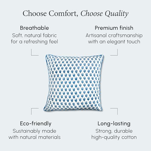 CPC 100% Cotton Throw Pillow Covers 18x18 Inch, Set of 2 Blue Block Print Pattern Couch Pillow, Cute Boho Decorative Pillows for Living Room, Bedroom with Hidden Zipper- Apatite Blue
