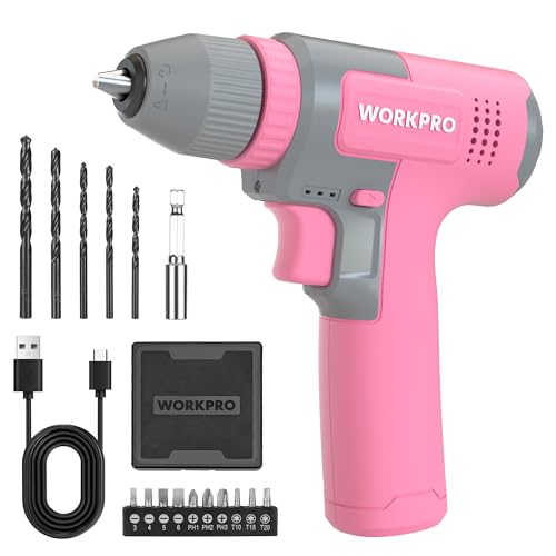 WORKPRO 8V Taladro Inalámbrico, Taladro Eléctrico con Portabrocas 3/8'', Destornillador Eléctrico, Atornillador con Velocidades Variables, Atornillador Recargable Tipo C, con 15pzas Accesorios, Rosa