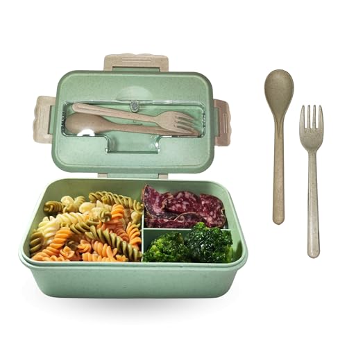 Fiambrera con cubiertos y 3 compartimentos. Tupper hermético portable para almuerzo. Libre de BPA. Apto para lavavajillas y microondas. 1,5 Litros de capacidad. Lunch Box, trabajo, escuela, picnic.
