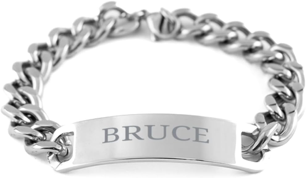 Gifts For Bruce - Trendy Custom Name ID Plate Cuban Chain Stainless Steel Bracelet Christmas Birthday Gifts For Son Brother Dad Husband Grandson Uncle Friends Boy Teanager Men, Engraved Adjustable
