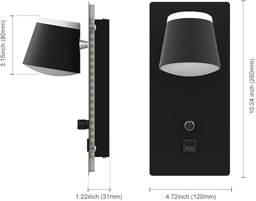 Miniatura 6 de Sytmhoe Aplique de pared LED con interruptor de atenuación, moderna lámpara de pared regulable con puerto USB + tipo C, iluminación montada en la