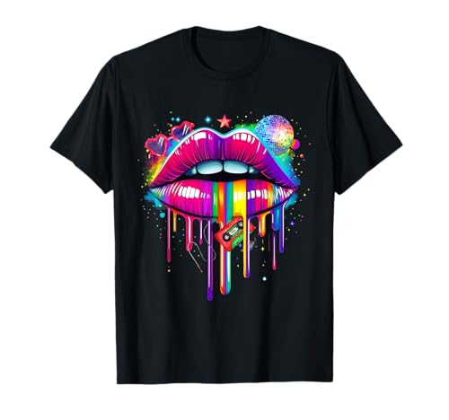 Bunte Lippen Kussmund Retro 80er Jahre Party Look Kostüm T-Shirt