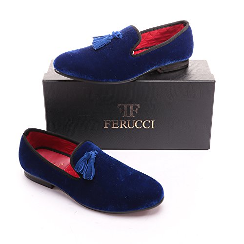 FERUCCI Handmade Men Blue Velvet Slippers Flats Loafers with Blue Tassel2